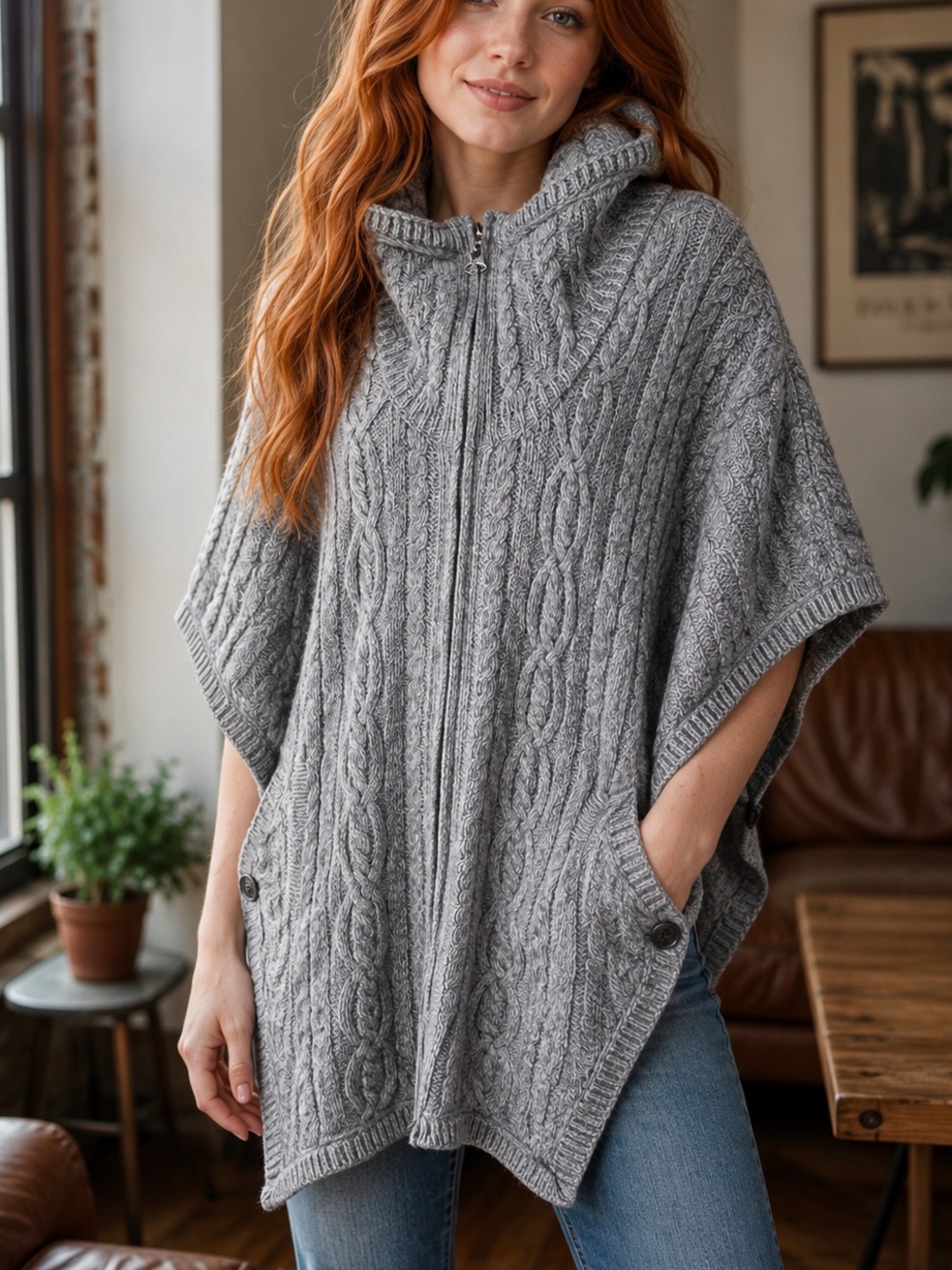Aran Crafts Size M/L Cable Knit 100% Merino Wool Short Sleeve Full Zip Poncho